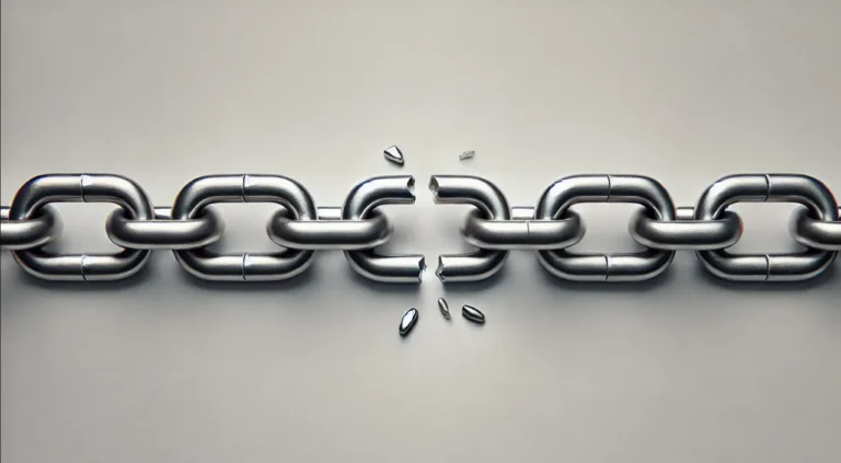 Silver chain with a broken link in the center