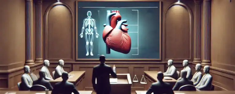 3-D rendering of a courtroom showing a medical illustration