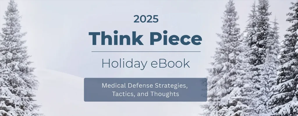 Winter scene with snow-covered trees and a holiday ebook cover for medical defense strategies.