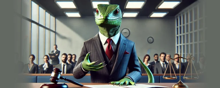 Reptile wearing a suit addressing a courtroom full of people