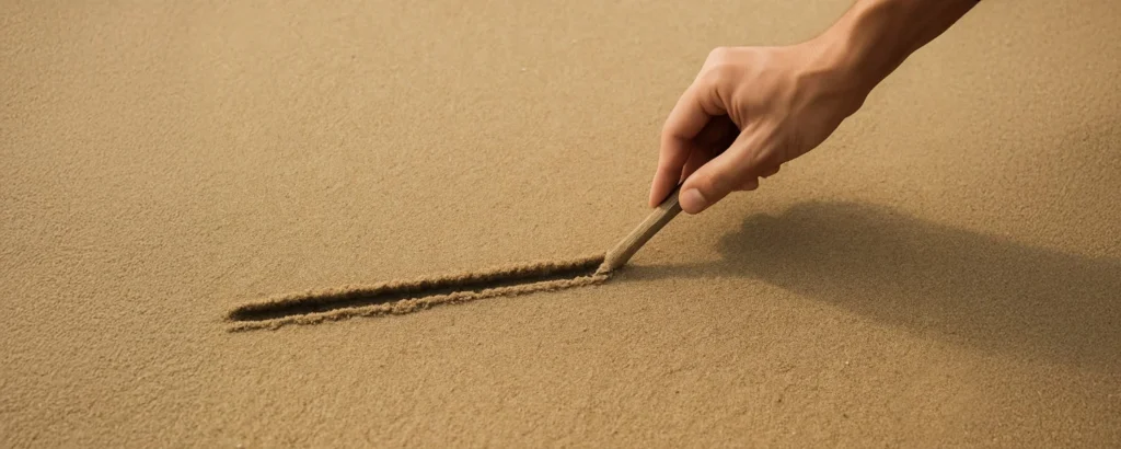 A hand holding a stick and drawing a line in the sand