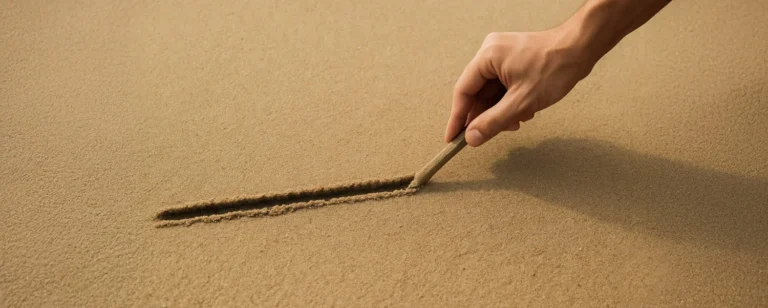 A hand holding a stick and drawing a line in the sand