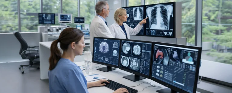 Three doctors reviewing patient scans on computer screens