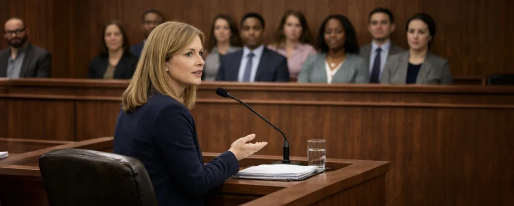 Female witness wearing a blue suit giving testimony before a diverse jury