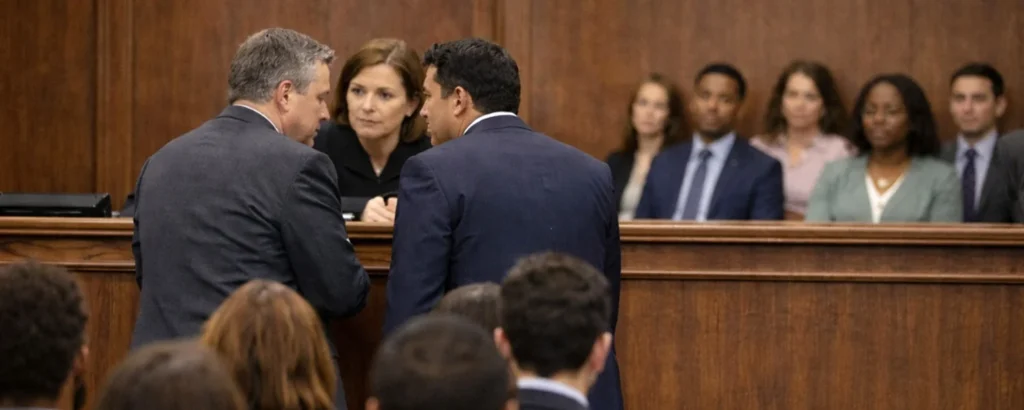 Two male attorneys wearing dark suits speaking with a female judge in a courtroom